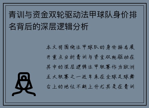青训与资金双轮驱动法甲球队身价排名背后的深层逻辑分析