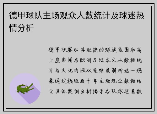 德甲球队主场观众人数统计及球迷热情分析